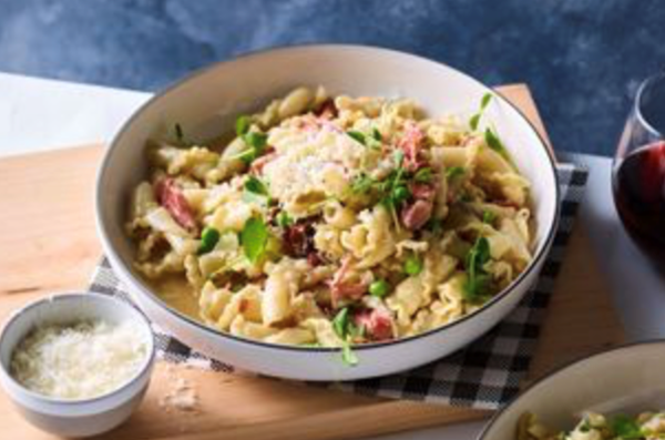 Campanelle with smoked ham hock, peas and lemon [James Cole Bowen]