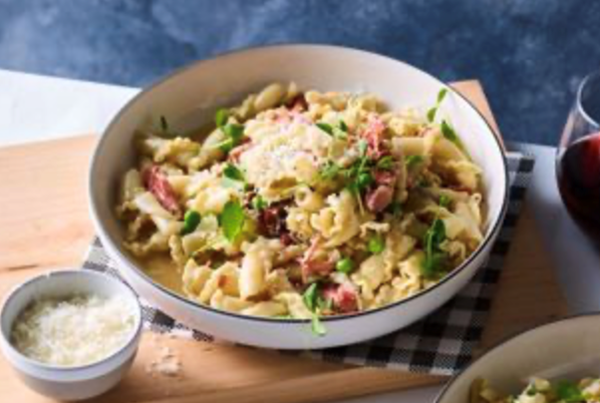 Campanelle with smoked ham hock, peas and lemon