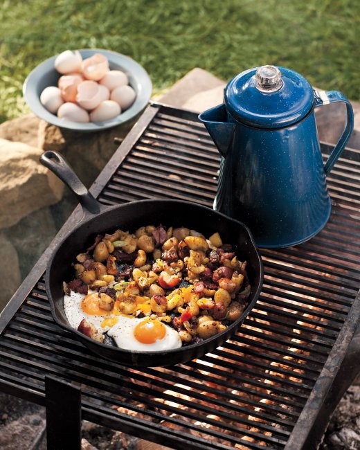 Campfire fried eggs with potato-and-bacon hash