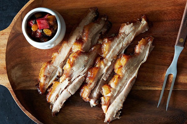 Canal House's pork belly with gingery rhubarb compote