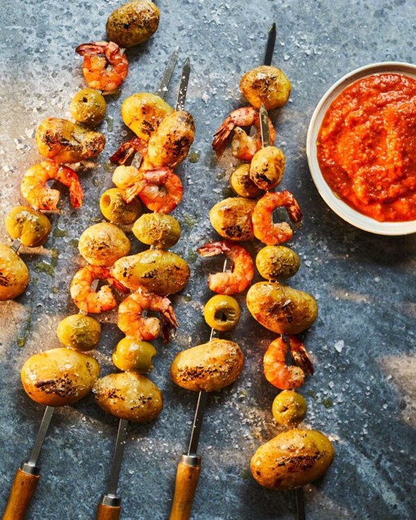 Canarian salted potato and prawn skewers with mojo rojo 
