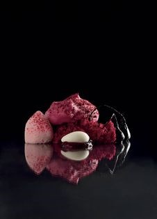 Candied baby beets and beetroot sponge with hibiscus, rhubarb, yoghurt, rose and violets
