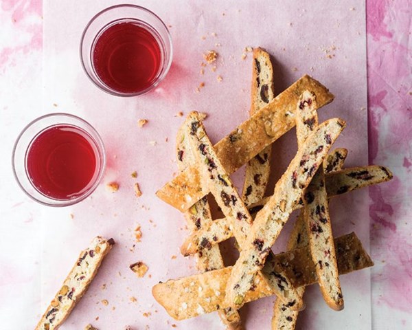 Candied cherry, date, and pistachio biscotti