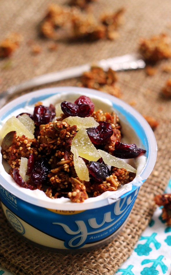 Candied ginger, almond, and quinoa granola