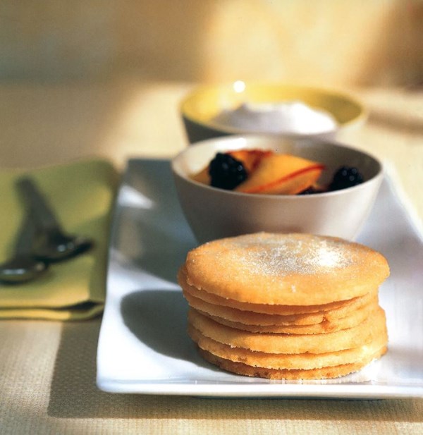 Candied ginger shortbread stacks with peach-blackberry compote