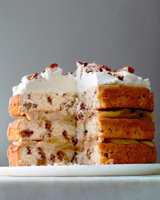 Candied-pecan cake with browned-butter pears
