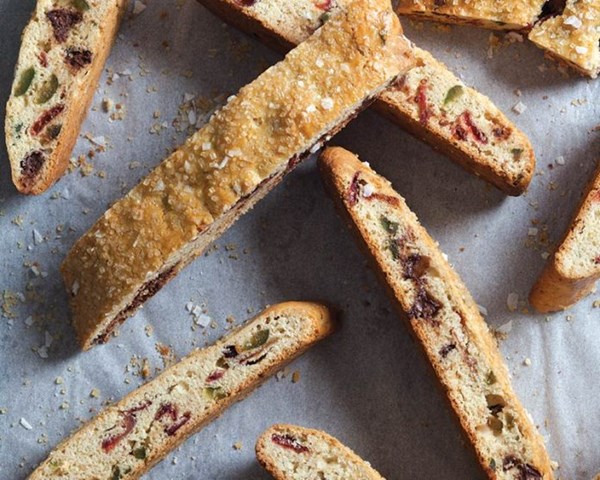 Candied strawberry and olive biscotti