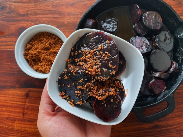 Candied ube (or purple sweet potato) with latik