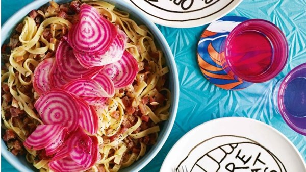 Candy beetroot and pancetta tagliatelle