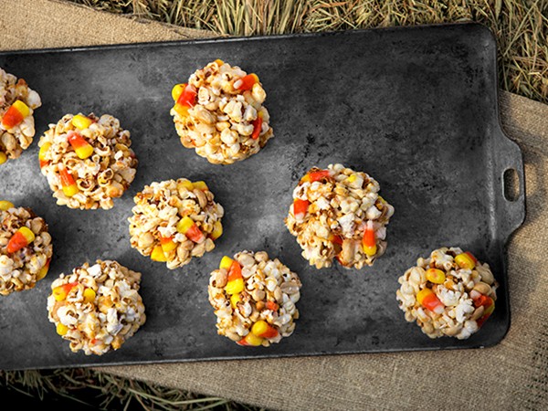 Candy corn popcorn balls