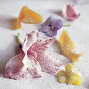 Candying fresh flowers and citrus zest