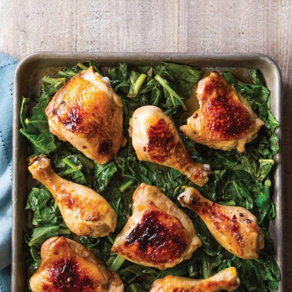 Cane syrup glazed chicken and collard greens