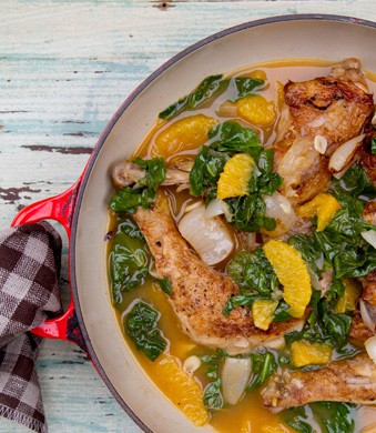 Cane vinegar chicken with pearl onions, orange & spinach