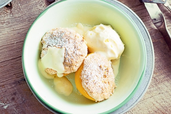 Canned peaches with Anzac crumble