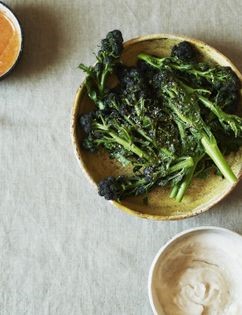 Cannellini bean dip with red pepper sauce and sesame broccoli