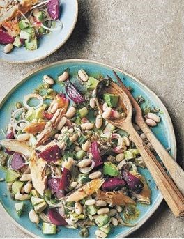 Cannellini bean, smoked mackerel & beetroot salad with green caper dressing