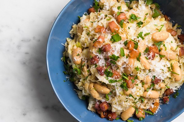 Cannellini beans and cabbage with pancetta and Parmesan