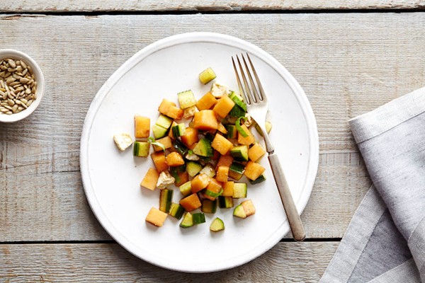 Cantaloupe cucumber salad with basil and feta