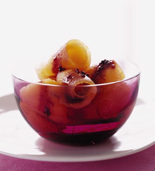 Cantaloupe curls with spiced wine