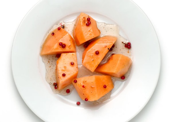 Cantaloupe in pink peppercorn syrup