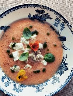 Cantaloupe soup with goat cheese and basil oil