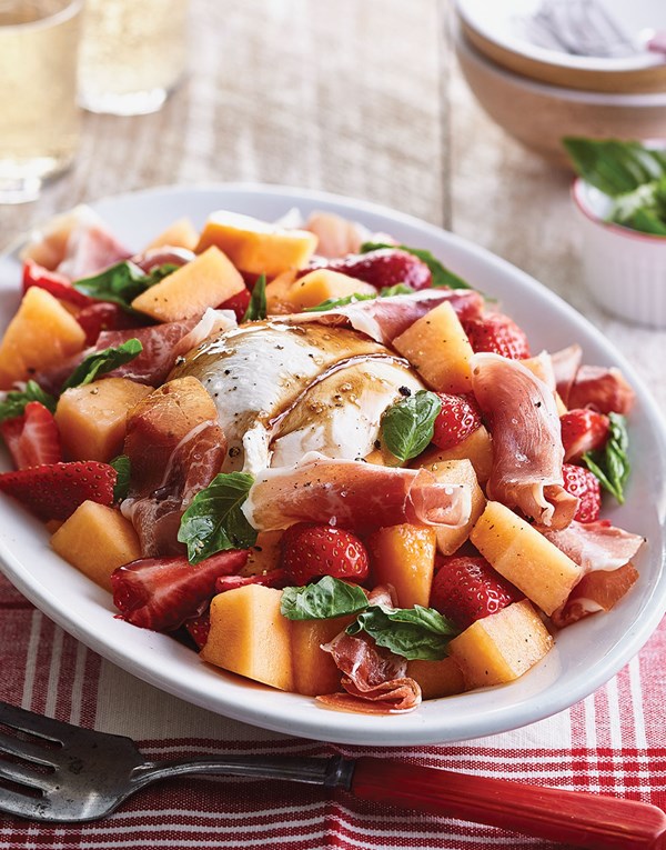 Cantaloupe-strawberry salad with burrata and prosciutto