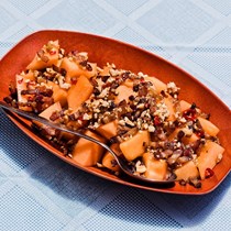 Cantaloupe with spicy bacon-cashew crumble