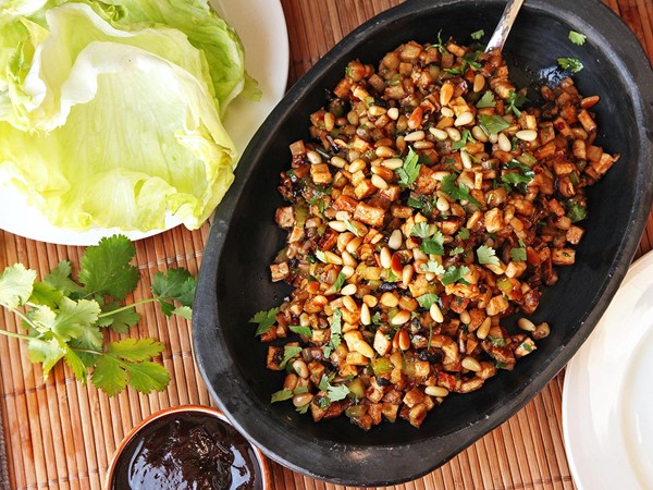 Cantonese-style tofu, pine nut, and jicama lettuce cups (San choi bao)