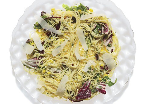 Capellini with fresh ricotta, roasted garlic, corn and herbs