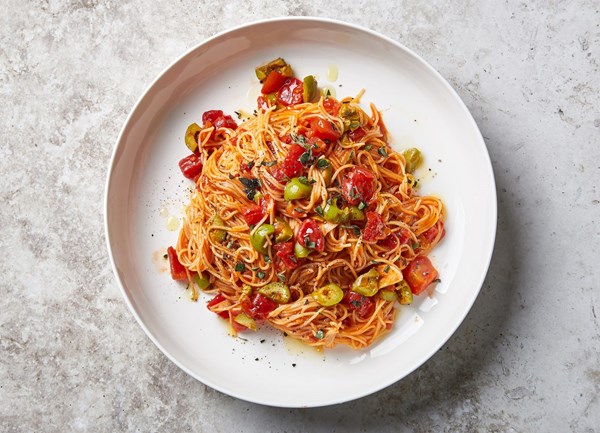 Capellini with smoked paprika and olives