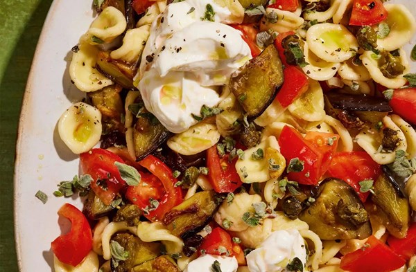 Caponata-style pasta salad with crispy capers