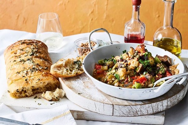 Caponata with grilled garlic ciabatta