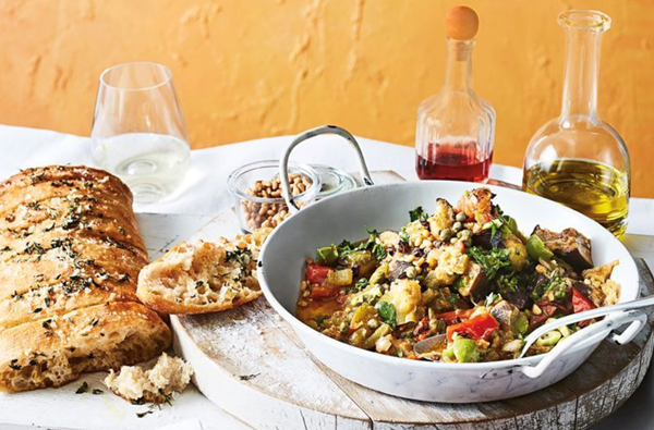 Caponata with grilled garlic ciabatta