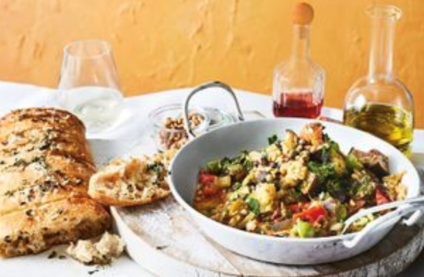 Caponata with grilled garlic ciabatta