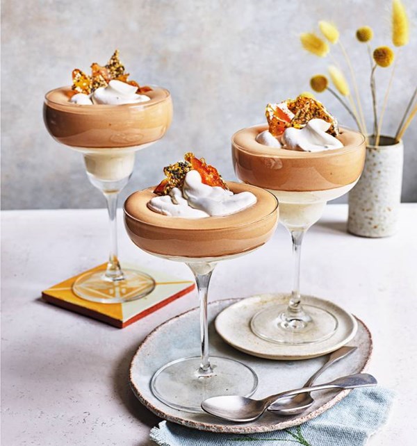 Cappuccino tahini mousse with sesame brittle