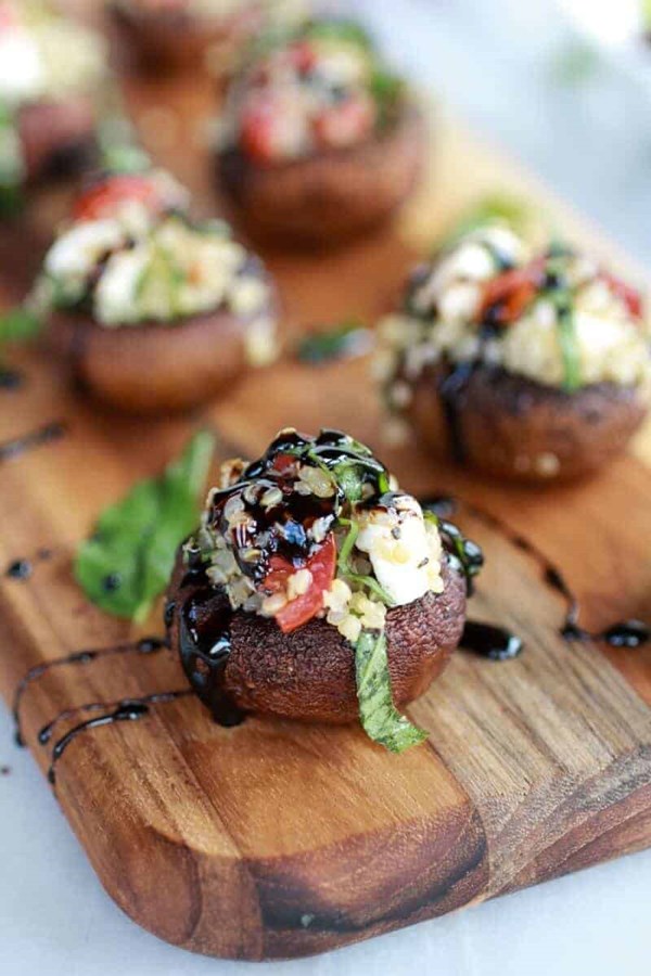 Caprese quinoa grilled stuffed mushrooms with balsamic glaze