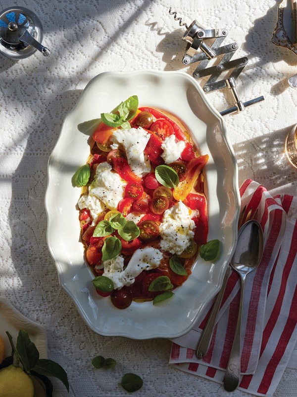 Caprese with roasted pepper and burrata