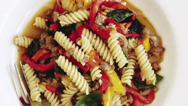 Capsicum, sausages and fusilli