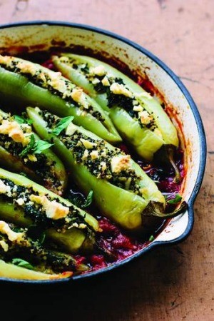Capsicums stuffed with quinoa, spinach + feta