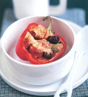 Capsicums with goats' cheese, chorizo and olives
