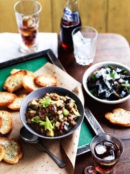 Capunata and sautéed preserved pine mushrooms with crostini