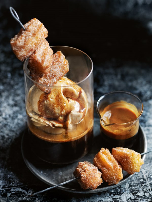 Caramel affogato with cinnamon churros