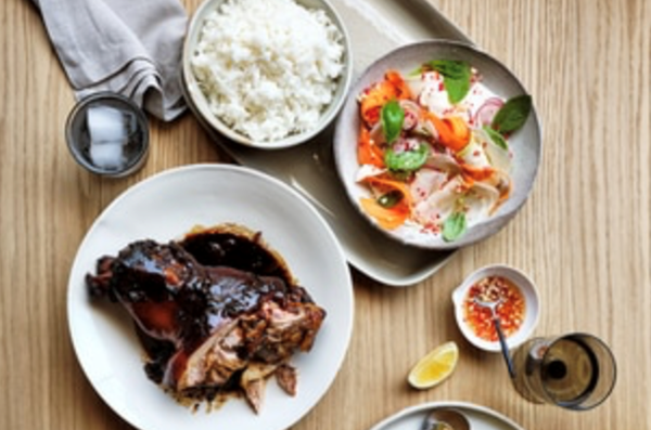 Caramel braised pork hock with root vegetable salad
