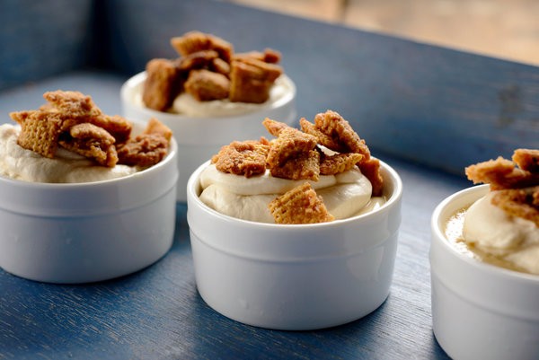 Caramel budino with Chex topping (and maple whipped mascarpone)
