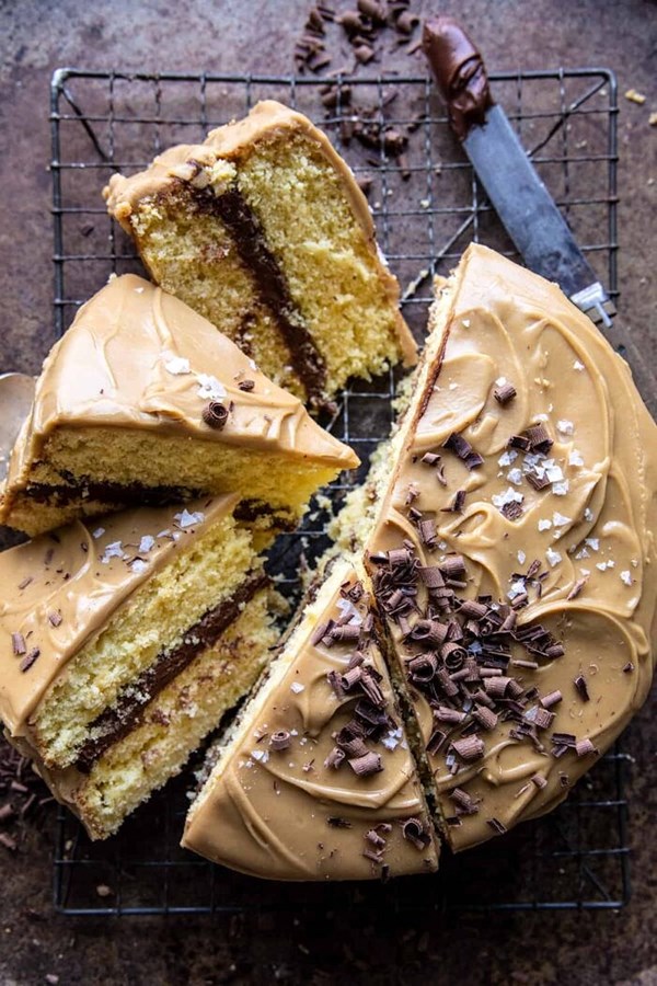 Caramel butter cake with fudgy chocolate frosting