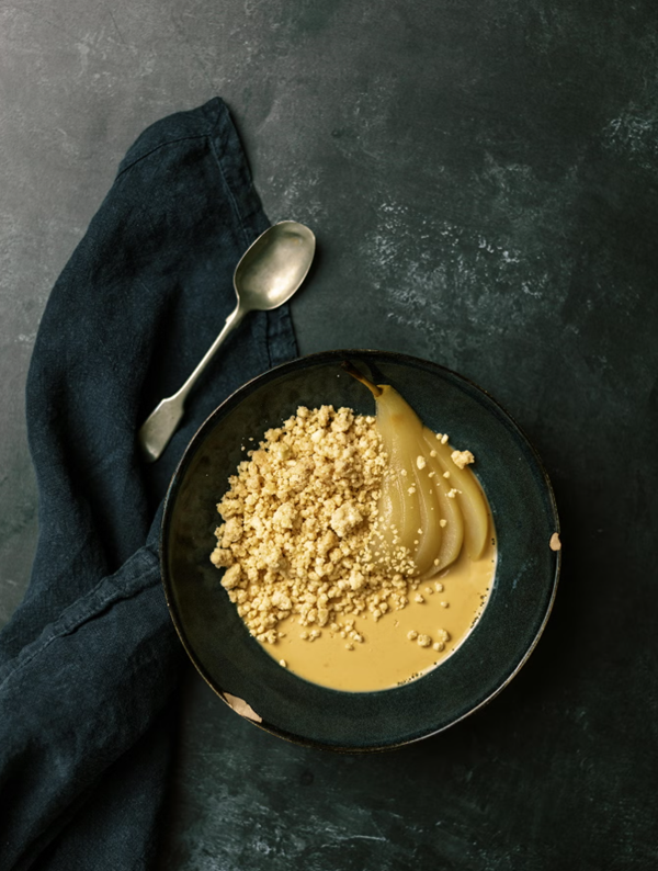 Caramel cream with poached pears & ginger crumble