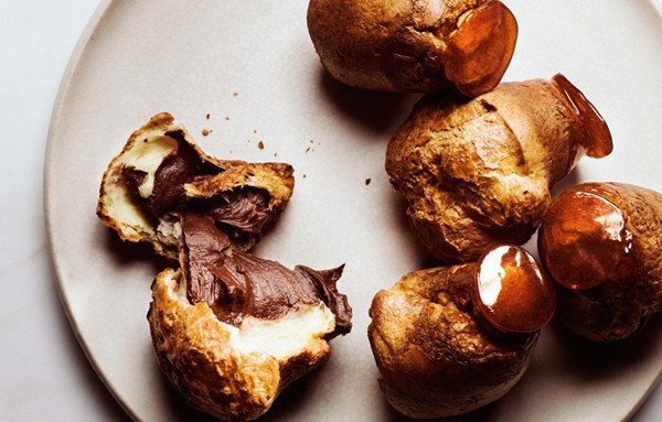 Caramel-dipped popovers with chocolate mousse