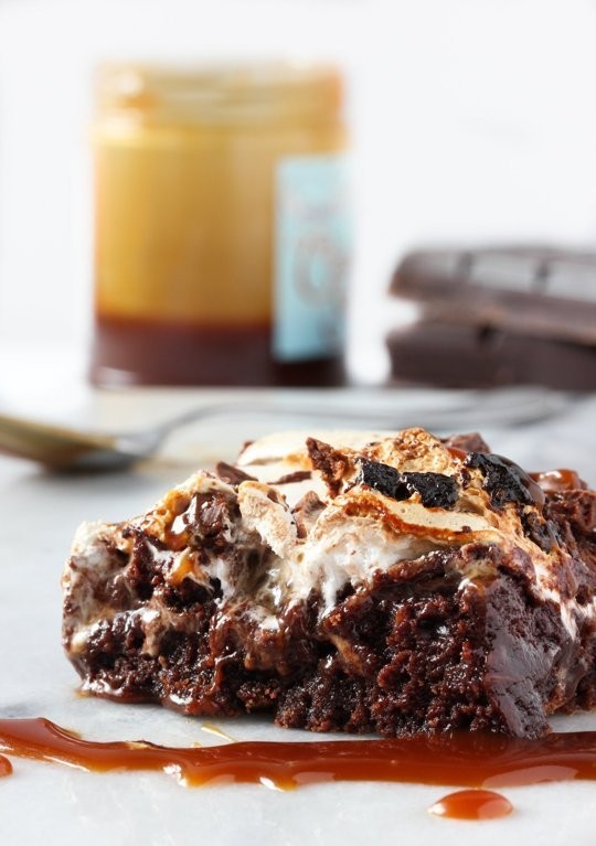Caramel fudge brownies with marshmallow cream