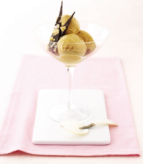 Caramel ice cream with chocolate peanut shards