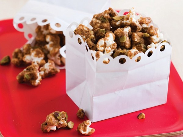 Caramel-masala popcorn and pistachios